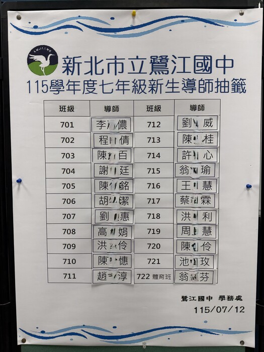 115學年度七年級新生導師抽籤結果